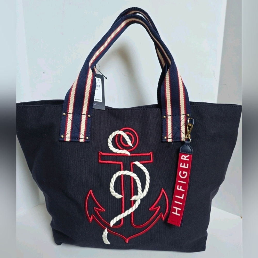 Tommy Hilfiger Canvas Nautical Tote plus TH Key Fob NWT Orig. Retail $118.00
